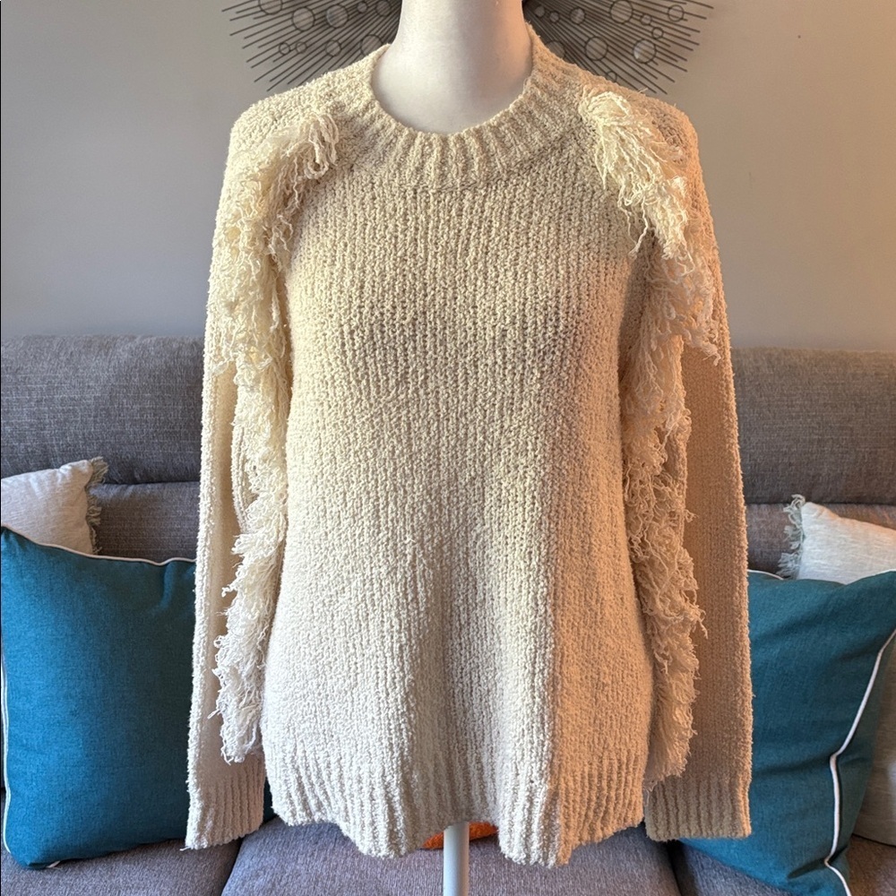 Madewell cream fringe sweater Montford style boho minimalist medium